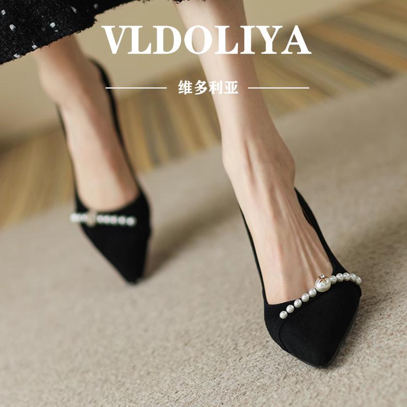 Vldoliya Victorian Sheepskin High Heels for Women, Unique Design, Niche Black Commuter Style, French Pearl, High-End Feel