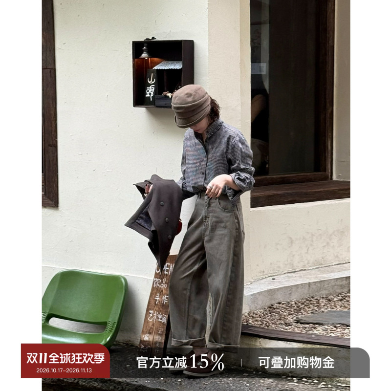 Yololite/'Proverbs' 26 Autumn New Casual Plaid Irregular Lapel Ruffled Neckline Shirt for Women