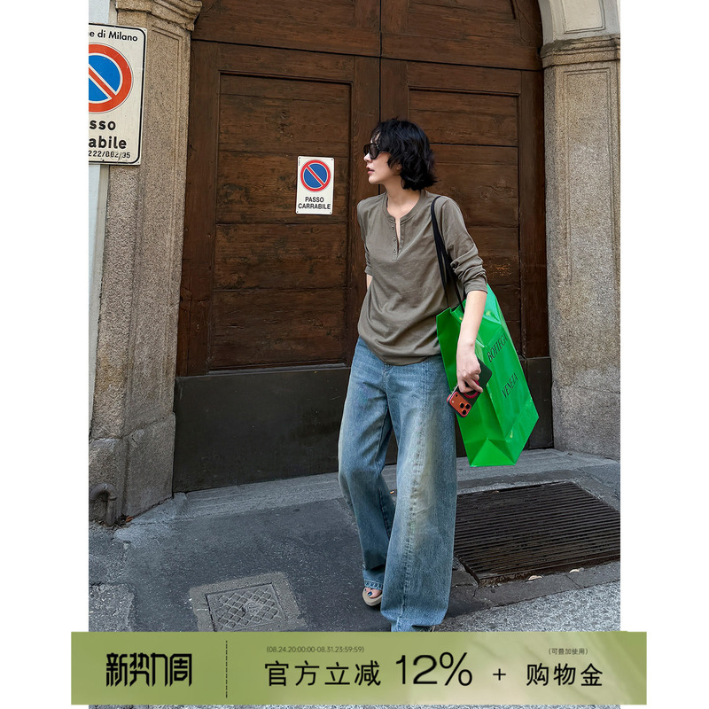 Yololite/'Reshape' 26 Autumn New Casual Sunscreen Loose Henry Collar Long Sleeve T-Shirt Top for Women