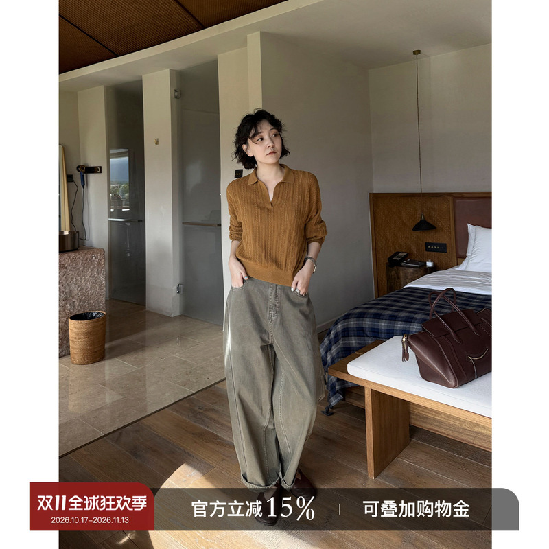 Yololite/'A Touch of Green' 100% Cotton Loose Scimitar Jeans for Women, Autumn Straight-Leg Workwear Army Green Casual Pants