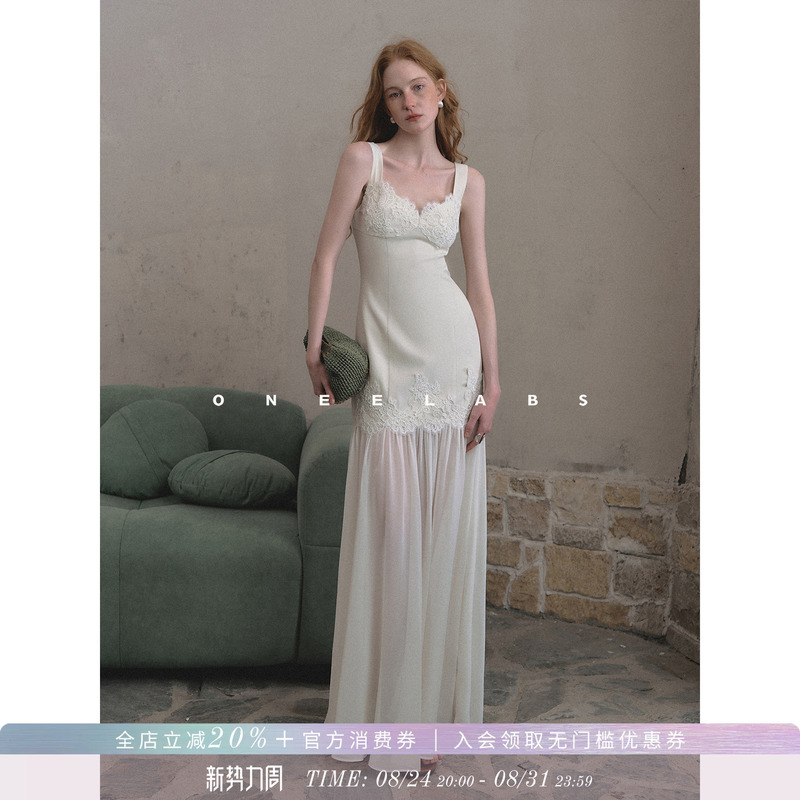 Oneelabs Original Brand French-Style Dress Heavy-Duty Linen Suspender Dress for Women Chiffon Splicing White Dress