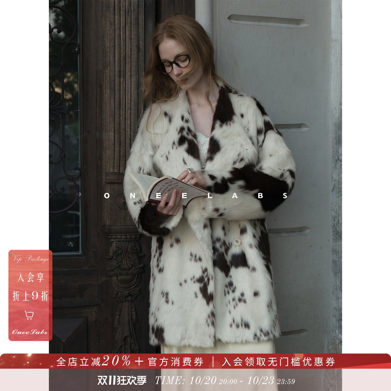 Oneelabs Original Brand/Manguang Illustrated~Custom-Dyed Color-Blocked Speckled Pattern Long Plush-Like Silhouette Coat