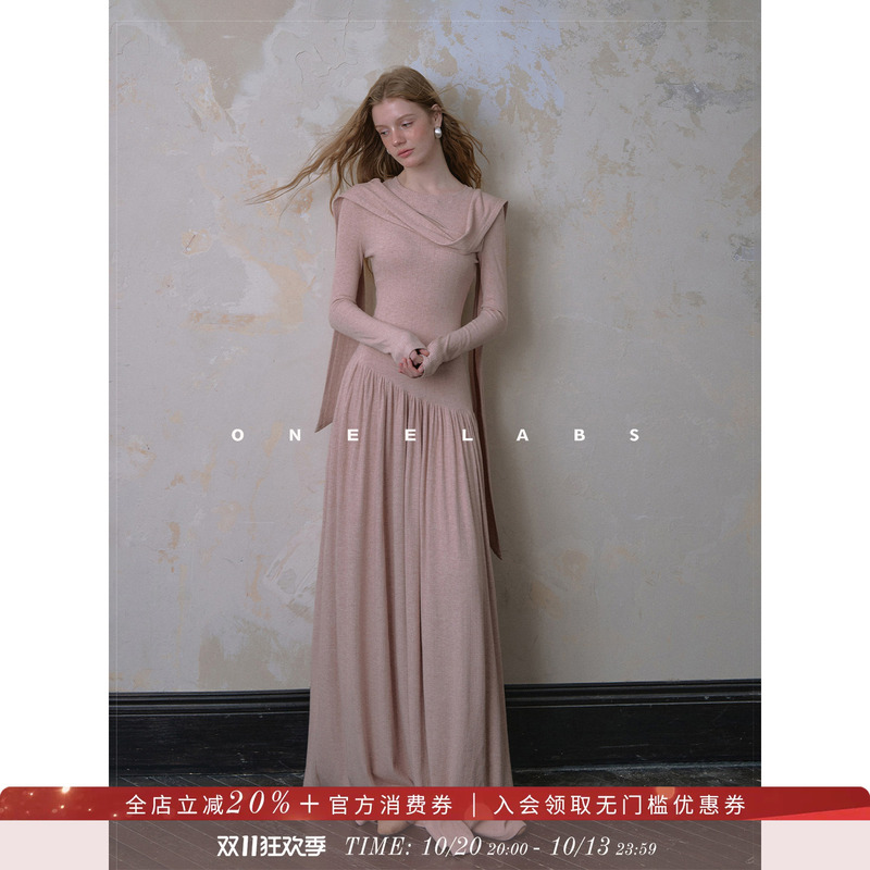 Oneelabs Original Brand Design, Cut Out Ribbon Pink Knit Dress, Women's Autum Elegant Long Skirt