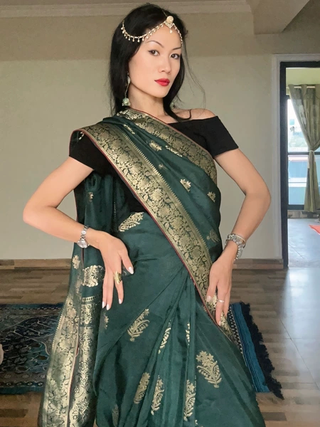 Nepalese High-End Imported Heavy-Duty Saree Fabric, Green Indian Exotic/Overseas Direct Mail, No Returns, No Exchanges