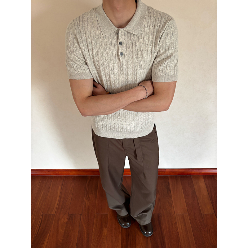 Focus221【Huang Jingyu's Style】American Old Money Retro Cable Knit Polo Short-Sleeve Collared T-Shirt