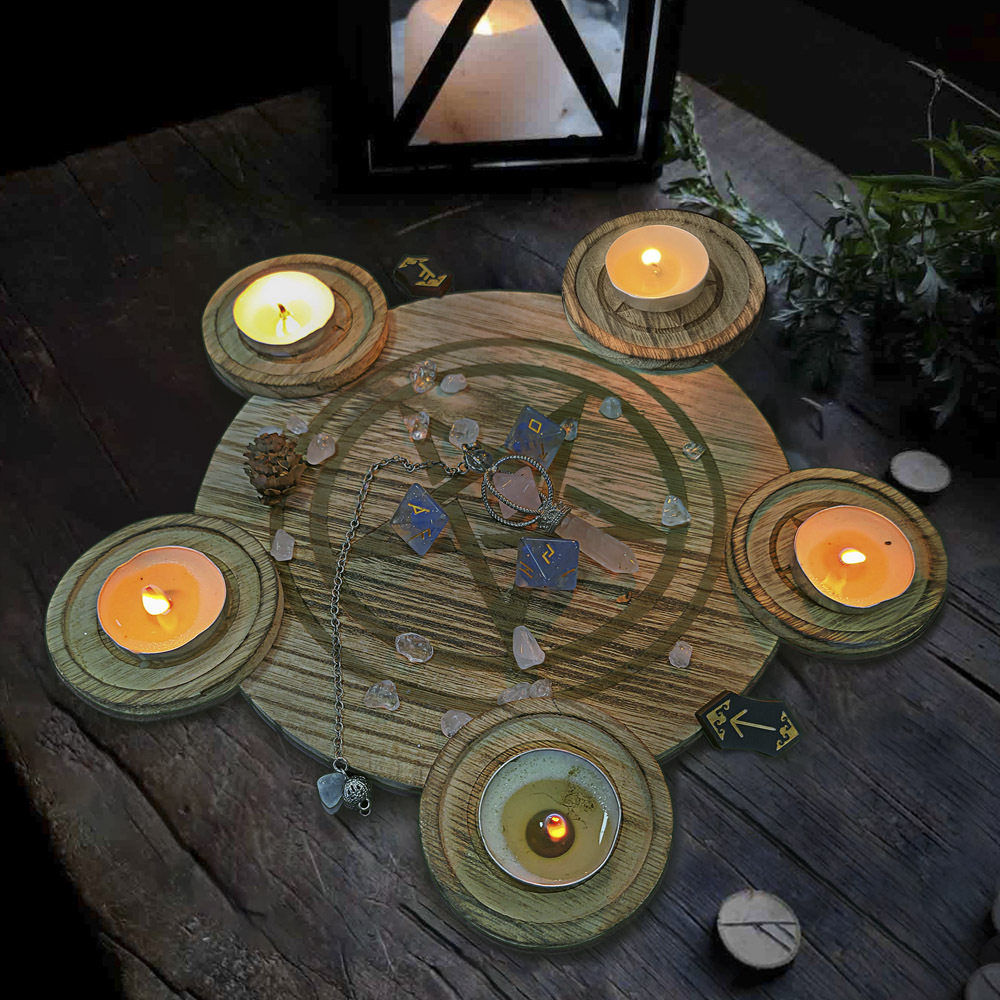 2-in-1 Pentagram five-pointed star wooden candle holder tray DIY candle holder ornaments Tarot peripheral supplies