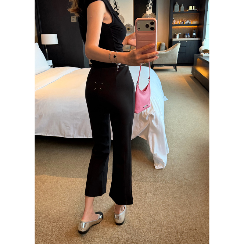【Lin Qimai Vs】Designed with a Tie at the Back, Black High-Waisted Stretchy Slimming Flared Pants for Women, Cropped Length 【Lin Qimai Vs】Designed with a Tie at the Back, Black High-Waisted Stretchy Slimming Flared Pants for Women, Cropped Length