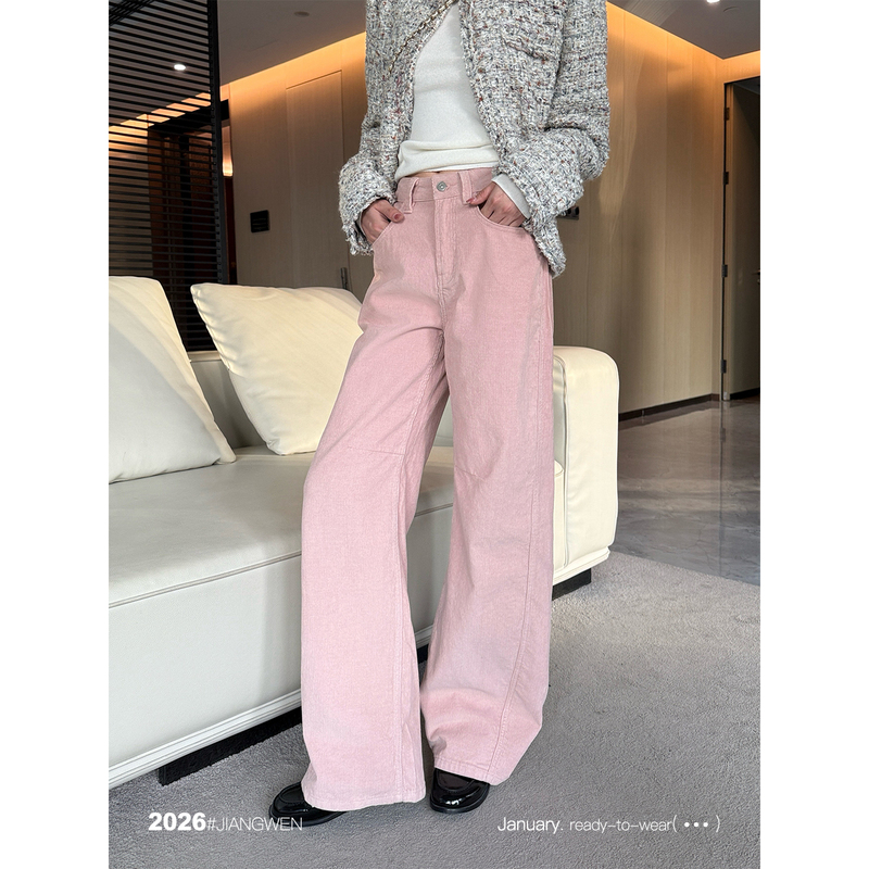 Jiang Wen's High-Quality, Very Pretty, Versatile Pink 99% Cotton Corduroy Pants for Women, Wide-Leg Pants That Make You Look Slimmer Jiang Wen's High-Quality, Very Pretty, Versatile Pink 99% Cotton Corduroy Pants for Women, Wide-Leg Pants That Make You Look Slimmer