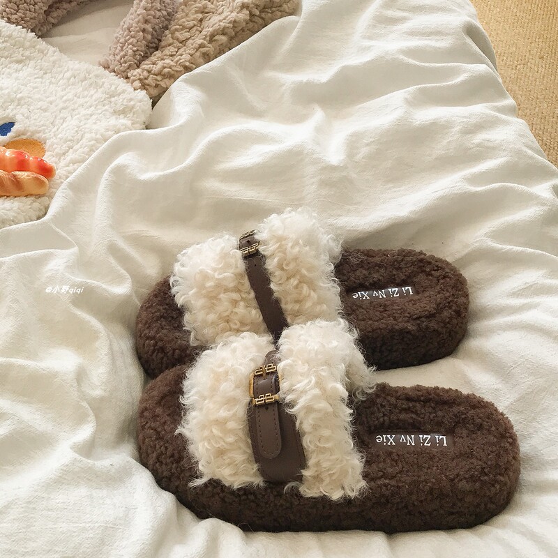 Fashionable Lamb Wool Thick-Soled Birkenstock Slippers for Women, 2025 Autumn New Style, Versatile Slip-On Furry Slippers, Trendy