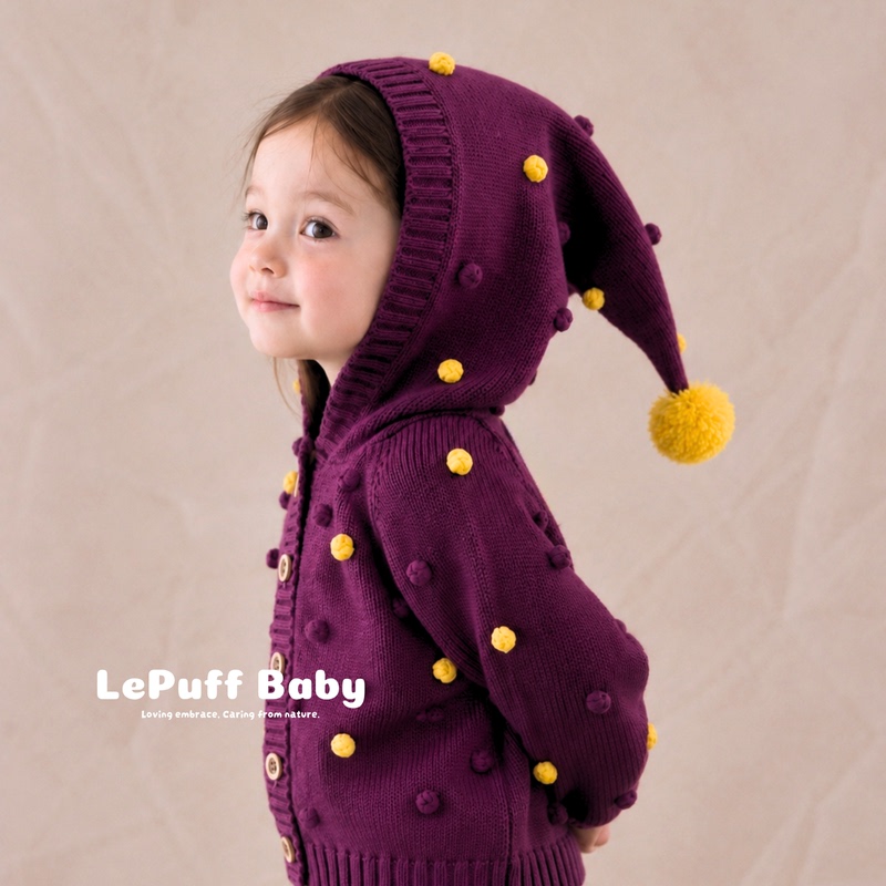 Elf Popcorn Handmade Knitted Hooded Sweater Jacket Pure Cotton Hooded Knitwear Warm Thickened Coat Elf Popcorn Handmade Knitted Hooded Sweater Jacket Pure Cotton Hooded Knitwear Warm Thickened Coat