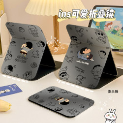 Gray Cartoon Makeup Mirror, Desktop Student Dressing Mirror, Dormitory Small Mirror, Foldable, High-Definition, Desktop, Home Use, Portable, Flip Cover