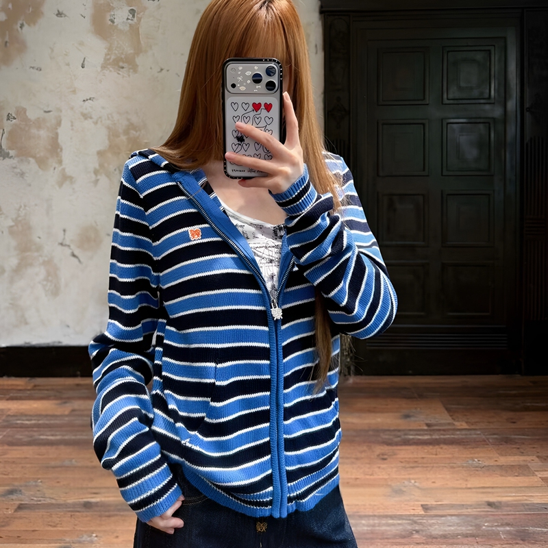 Urban Stickman Retro Stripesd Knitwear 2026 New Autumn and Winter Knitwear Women's Zipper Hooded Cardigan Jacket