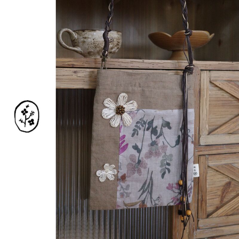 [Listen to the Sound of Falling Flowers] Yuqing 100% Cotton and Linen Vintage Hand-Woven Beaded Crossbody Bag