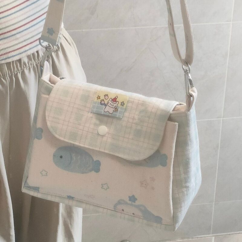 Milk Fufu Blue Fish Crossbody Bag Soft and Cute Cat Pattern Plaid Flap Bag Student Daily Commute Versatile Canvas Bag Milk Fufu Blue Fish Crossbody Bag Soft and Cute Cat Pattern Plaid Flap Bag Student Daily Commute Versatile Canvas Bag
