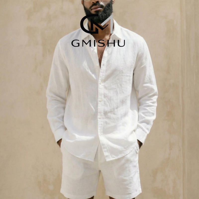 Gmishu Italian Light Luxury Old Money Style Relaxed Long-Sleeve Shirt Set for Men, New Summer Thin Shorts