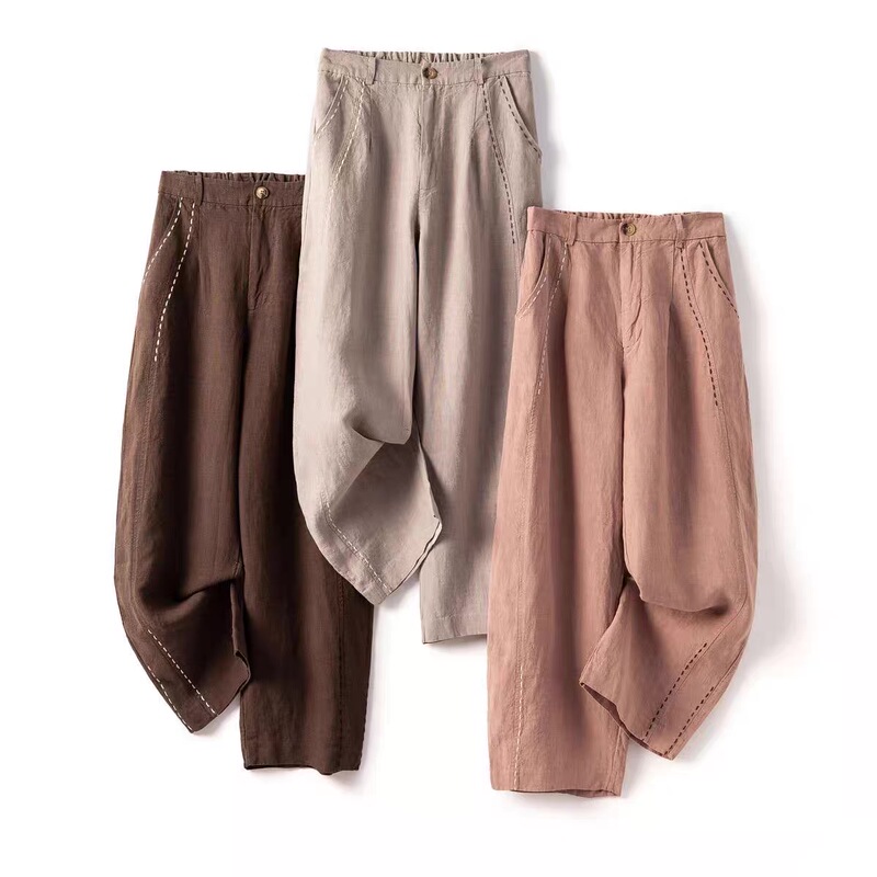 【Charles Pants】All Hemp Fabric with Sand Wash! Tanjima Pine Embroidery, 3D Cut, Slimming, Breathable Casual Pants for Women