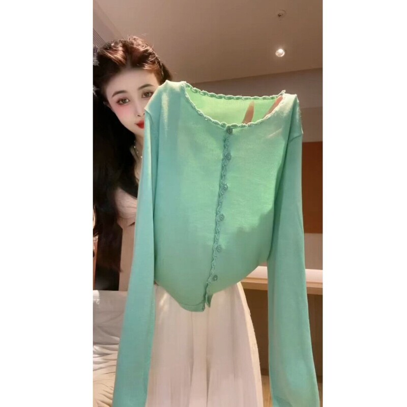 2026 Summer Korean Style Slim Fit Elegant Age-Reducing Ins Green Knit Cardigan for Women Gentle Style Long-Sleeve Jacket 2026 Summer Korean Style Slim Fit Elegant Age-Reducing Ins Green Knit Cardigan for Women Gentle Style Long-Sleeve Jacket