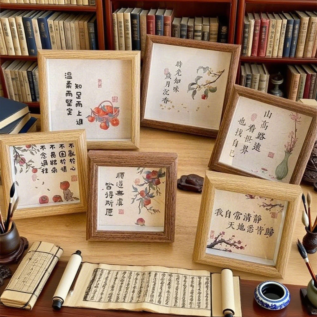 新中式书法插画 画正方形相框摆台禅意风桌面装饰小摆件古风拍照