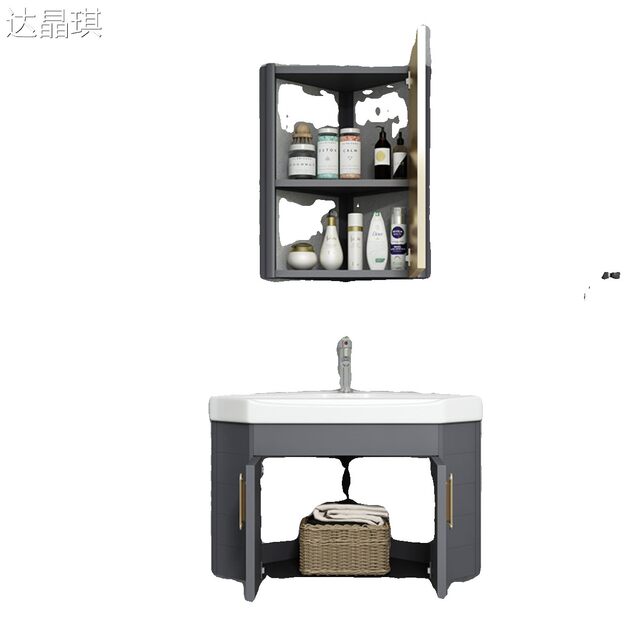 Triangular Bathroom Cabinet Set, Corner Washbasin for Small Bathrooms, Balcony Washbasin, Wall-Mounted Washbasin, Fitted Sheet, Rolling Cart