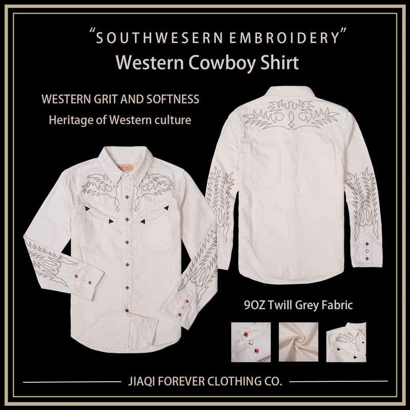 Southwestern Embroidered American Retro Denim Western Shirt Autumn Men's Amekaji Slim Fit Pure Cotton Long-Sleeve Shirt