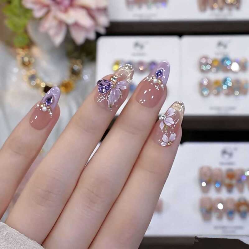 Purple Flower Rhinestone Handmade Wearable Nails, French Nude Nail Patches, High-End Cat-Eye Nail Art Finished Product