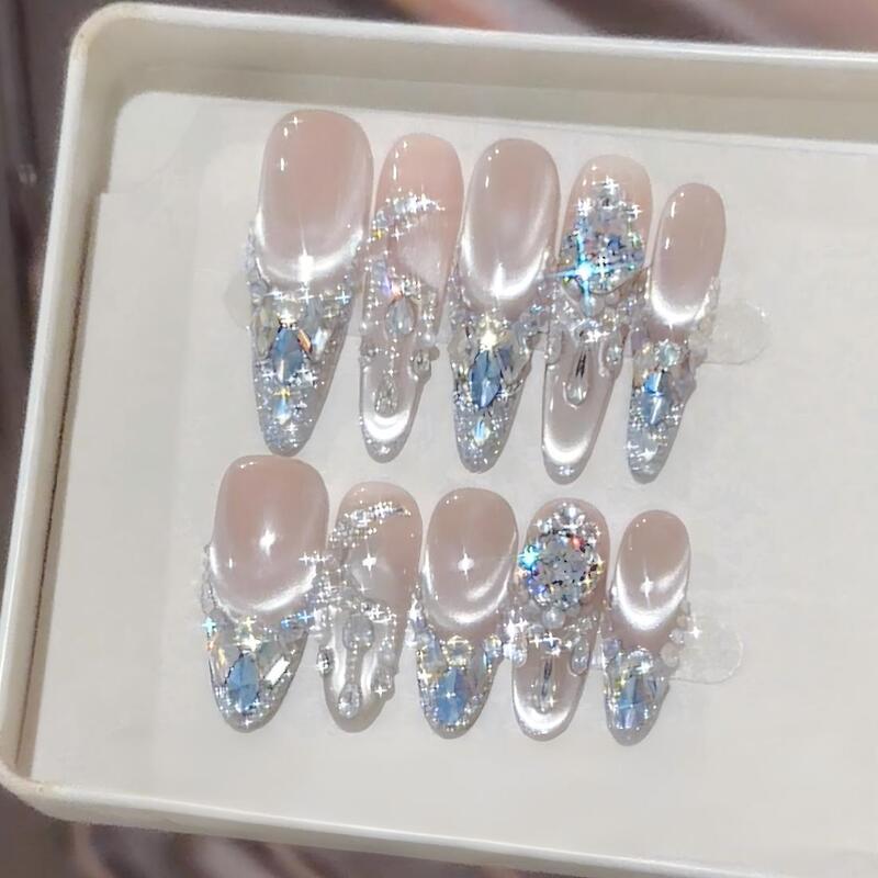 Moonlight Galaxy Silver Gradient Wearable Nails with Sparkling Crushed Diamonds, Large Blue Zircon, High-End Light Luxury, Cool and Elegant Manicure Moonlight Galaxy Silver Gradient Wearable Nails with Sparkling Crushed Diamonds, Large Blue Zircon, High-End Light Luxury, Cool and Elegant Manicure