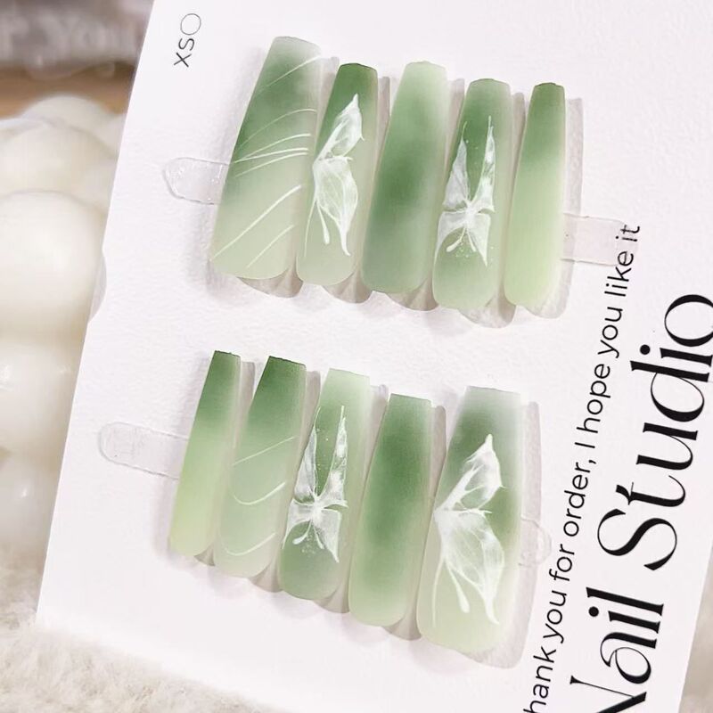 Yunmengli 2026 New Model Matte Suede Green Butterfly Xiaohongshu Same Style Wearable Nails