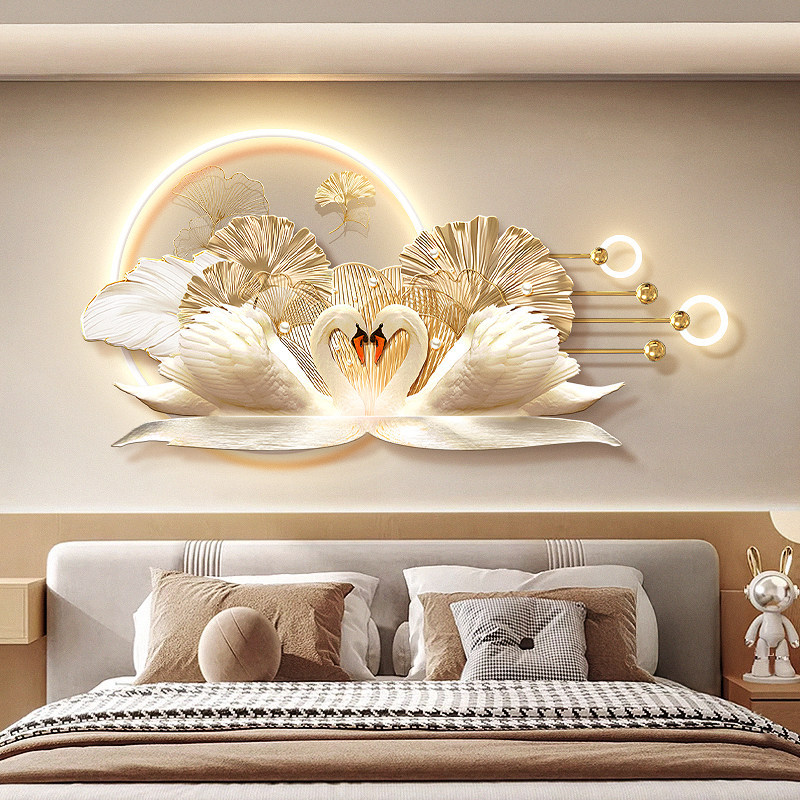 Light Luxury Swan Master Bedroom Decorative Painting with a High-End Feel, Featuring Golden and Silver Ginkgo Leaves, 3D Wall Art for the Headboard Background with Lighting