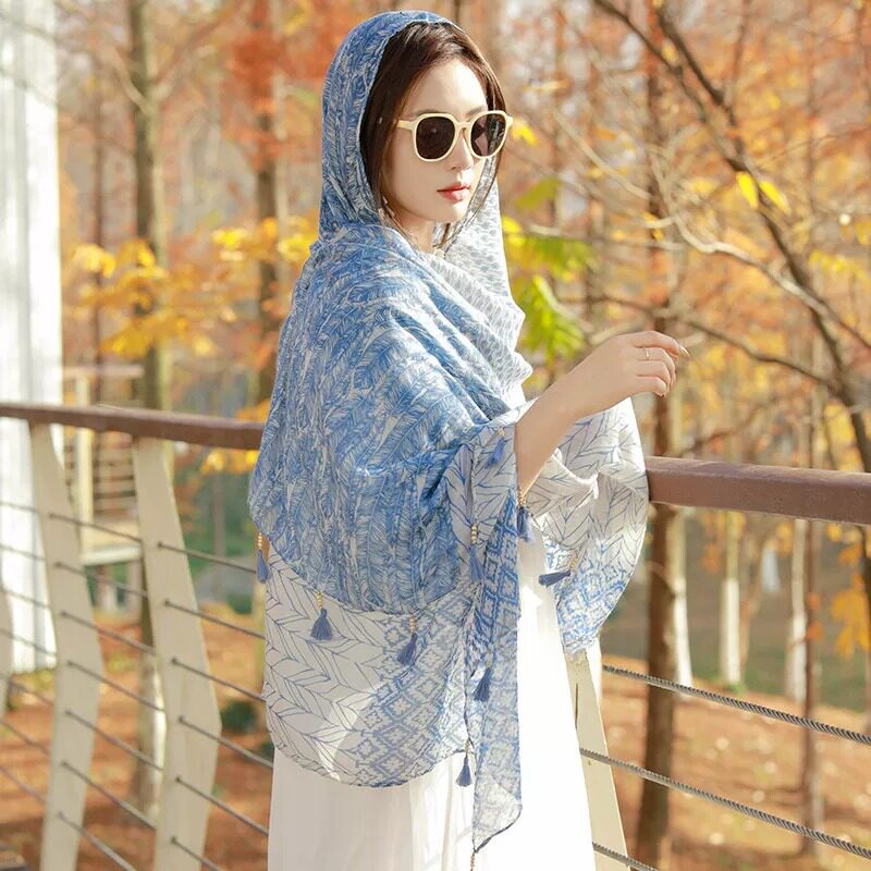 Ethnic Style Cotton and Linen Scarf for Women, Thin Sun Protection Headscarf, Shawl, Outerwear Silk Scarf, Dual-Use Beach Scarf for Sanya
