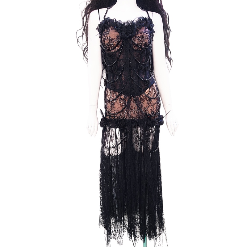 Gr Original Gothic Beaded Dress Sexy Black Lace Suspender Long Dress Women's Cut Out Tassel Performance Palace Dress Gr Original Gothic Beaded Dress Sexy Black Lace Suspender Long Dress Women's Cut Out Tassel Performance Palace Dress