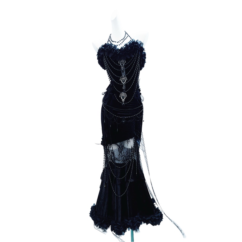 Gr Original Gothic Style Palace Dress Beaded Strapless Long Dress Halloween Evening Dress for Women Black with Three-Dimensional Floral Decoration