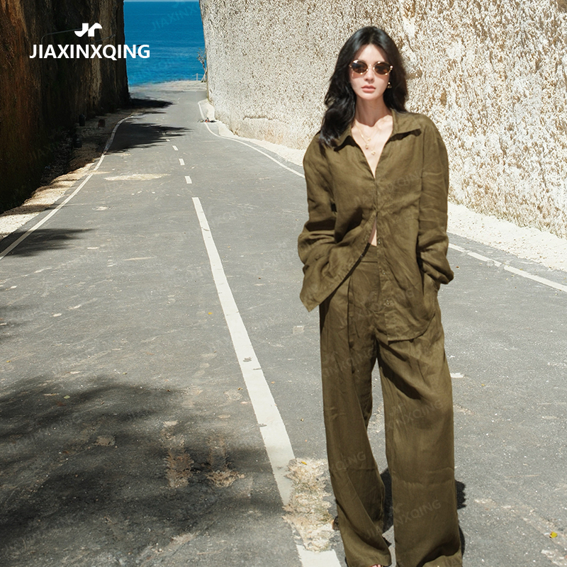 Multi-Color Options Available, Old Money Style Linen Long-Sleeve Shirt and Fashionable Loose Pants Set Design