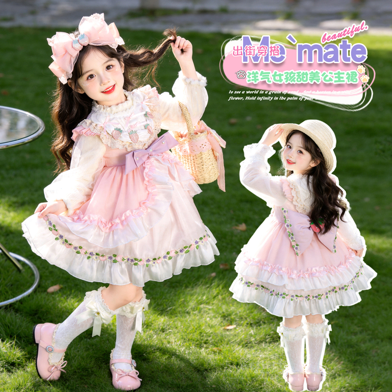 Sweet Lolita Princess Dress for Girls, Long-Sleeved Pink Lace Cake Dress, Bow Dress, Birthday Dress Sweet Lolita Princess Dress for Girls, Long-Sleeved Pink Lace Cake Dress, Bow Dress, Birthday Dress