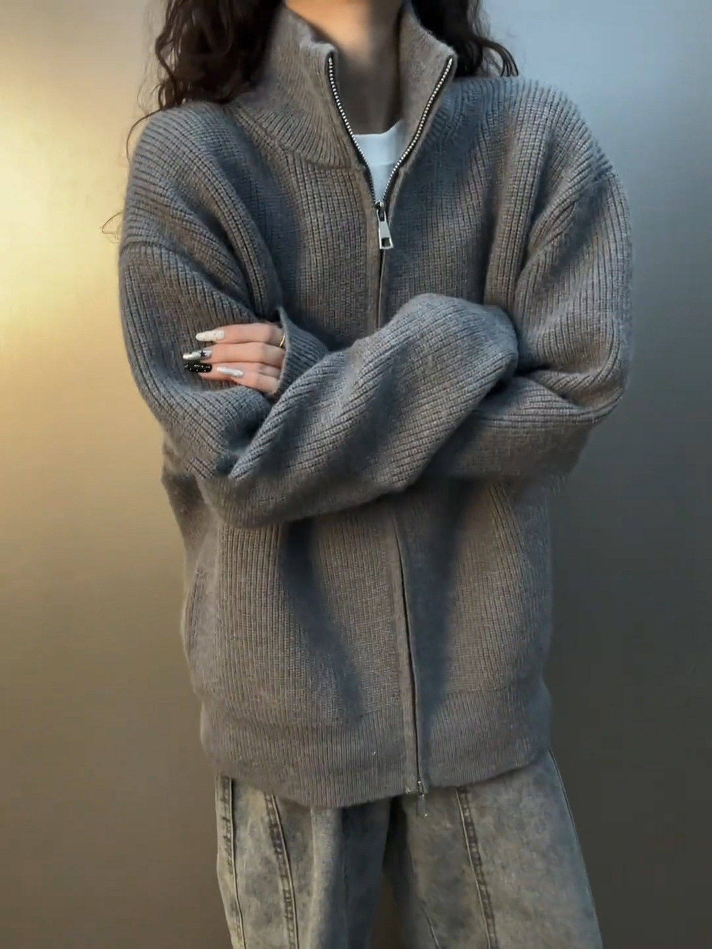 Gray Turtleneck Cardigan Sweater for Men and Women, Autumn and Winter Base Layer, Double Zipper Knitwear, Lazy and High-End Couple's Coat