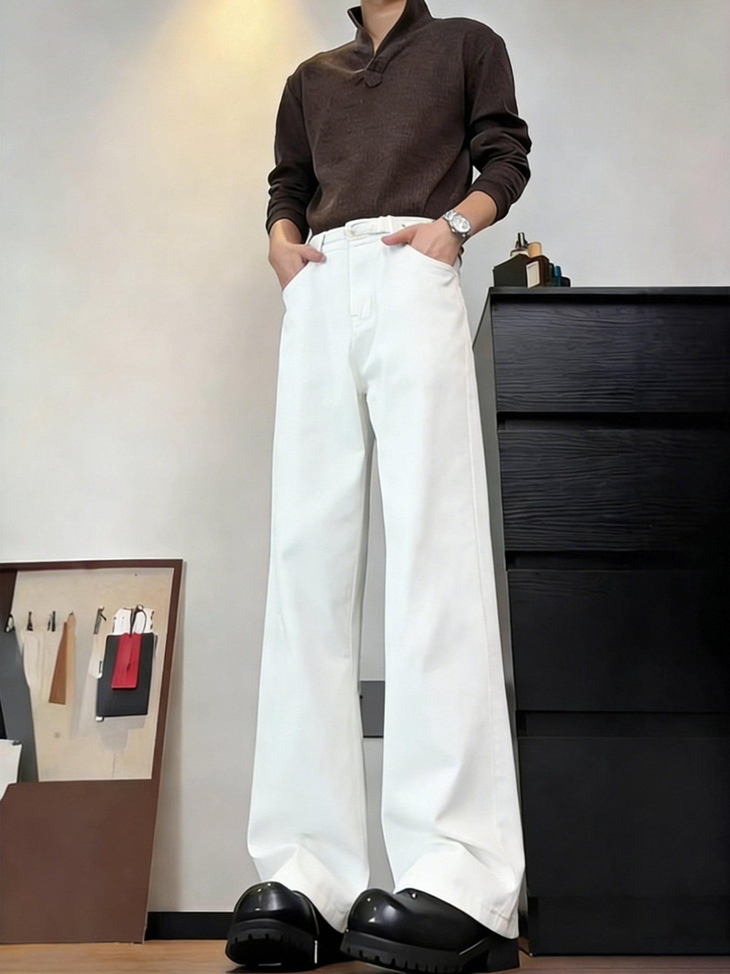 Cleanfit White Fleece-Lined Jeans for Men, Autumn and Winter American High Street Style Pants, Slightly Flared High-Waisted Straight Wide-Leg Pants