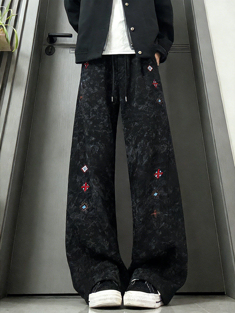 White and Gray Embroidered Heavy Fleece Sweatpants for Men, Autumn and Winter American High Street Tie-Dye Pants, Diagonal Cut Casual Flared Pants