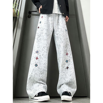 White and Gray Embroidered Heavy Fleece Sweatpants for Men, Autumn and Winter American High Street Tie-Dye Pants, Diagonal Cut Casual Flared Pants