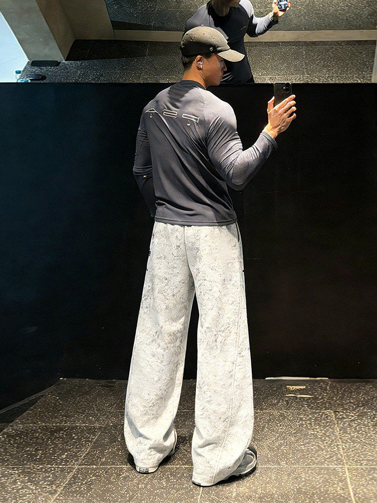 White and Gray American-Style Heavyweight Fleece Sweatpants for Men, Autumn and Winter Tie-Dye Embroidered Pants, Diagonal Cut Fitness Sports Long Pants