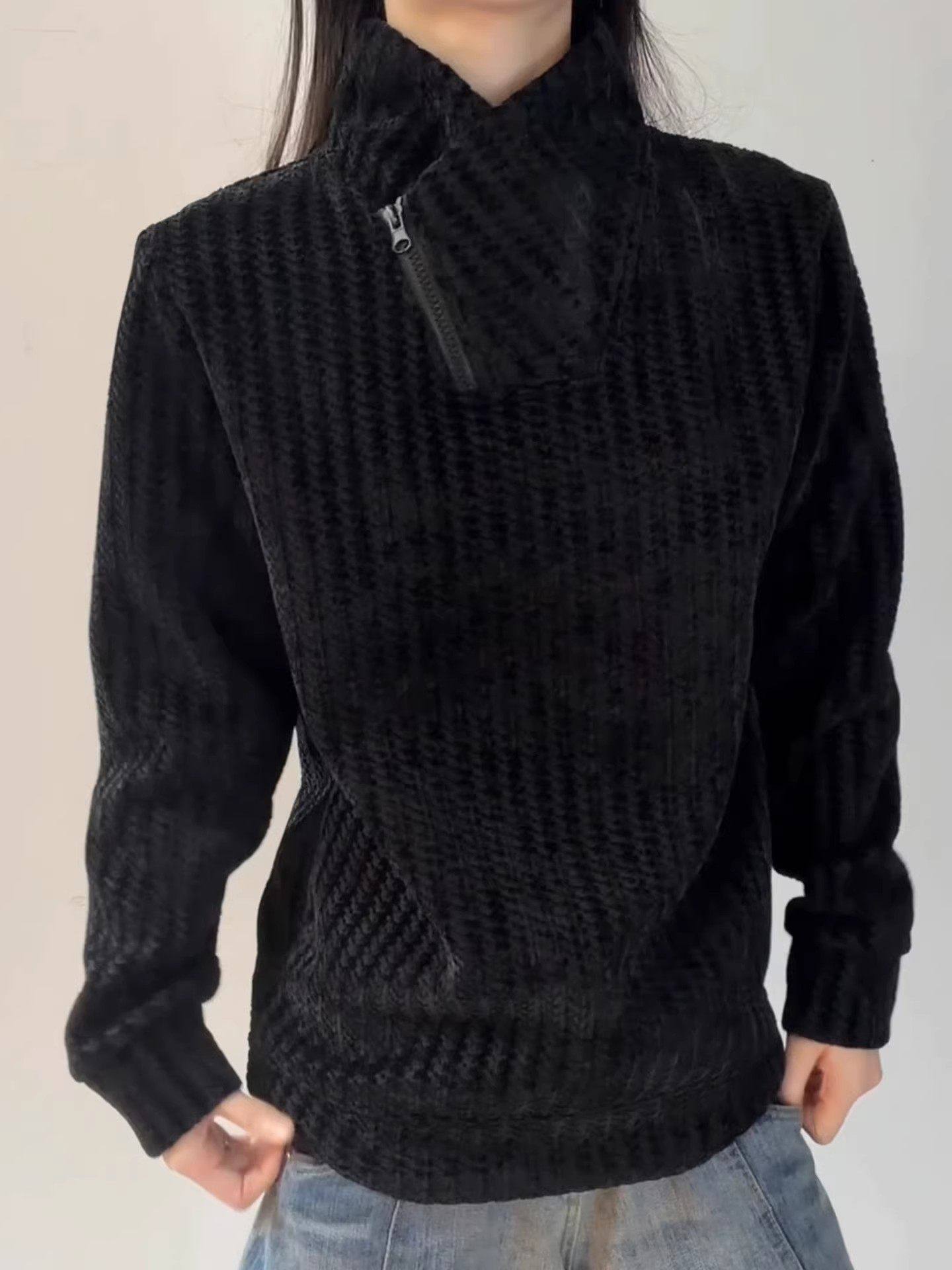 Black American-Style Diagonal Collar Zip-Up Sweatshirt for Men and Women, Spring and Autumn Fleece-Lined Long-Sleeve T-Shirt with a Stylish Design for Layering