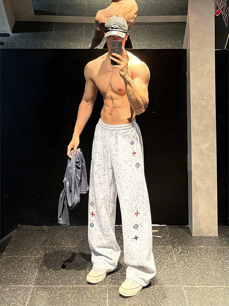 White and Gray American-Style Heavyweight Fleece Sweatpants for Men, Autumn and Winter Tie-Dye Embroidered Pants, Diagonal Cut Fitness Sports Long Pants