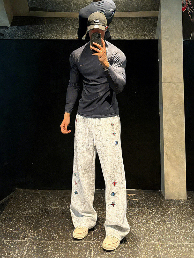 White and Gray American-Style Heavyweight Fleece Sweatpants for Men, Autumn and Winter Tie-Dye Embroidered Pants, Diagonal Cut Fitness Sports Long Pants
