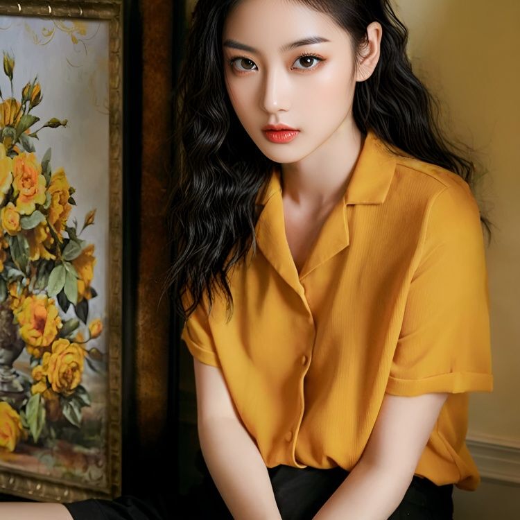 Hong Kong Style French Tops for Women, New Summer Design, Niche and Stylish, Versatile Shirts, Ginger Yellow Short-Sleeved Shirts