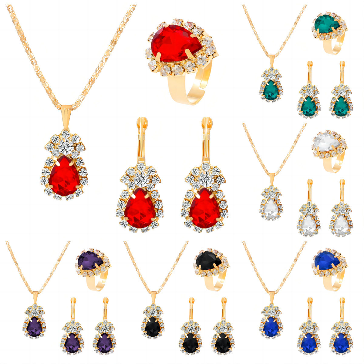 European and American new style water drop love rhinestone set necklace earrings ring bridal jewelry three-piece set direct sale