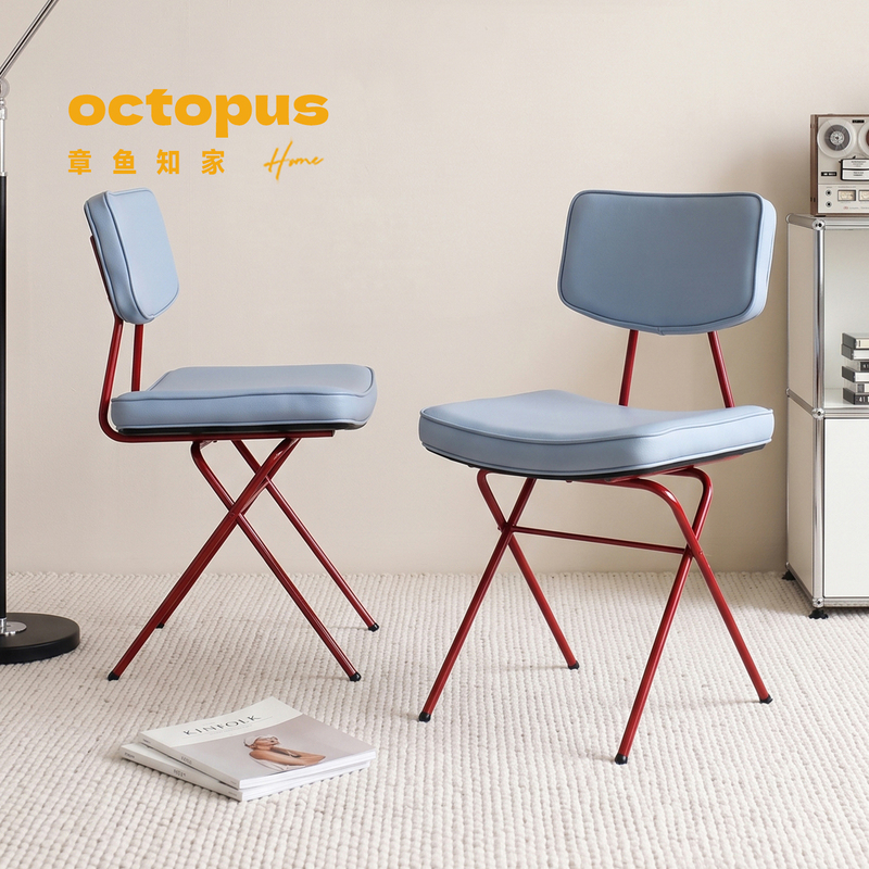 Octopus Zhi Jia/Shelby Dining Chair/Bauhaus Red Stainless Steel High-End First Layer Cowhide Blue Genuine Leather Chair Octopus Zhi Jia/Shelby Dining Chair/Bauhaus Red Stainless Steel High-End First Layer Cowhide Blue Genuine Leather Chair