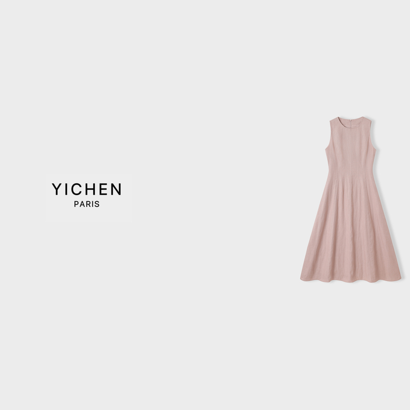 Yc Dry Rose Pink Silver Silk Linen Waist-Cinching Tailored Sleeveless Haute Couture Dress-5493 Yc Dry Rose Pink Silver Silk Linen Waist-Cinching Tailored Sleeveless Haute Couture Dress-5493