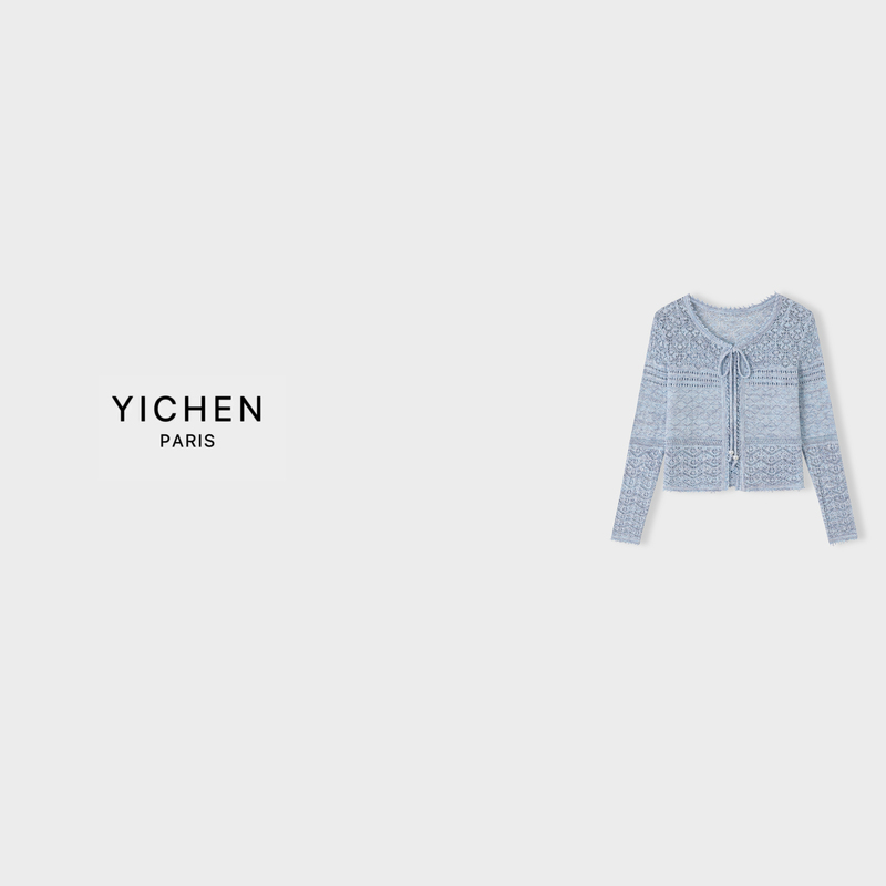 Yc Sea Mist Blue Sequin Patchwork Heavy Embroidery Three-Dimensional Hollow Lace-Up Knitted Cardigan-6855