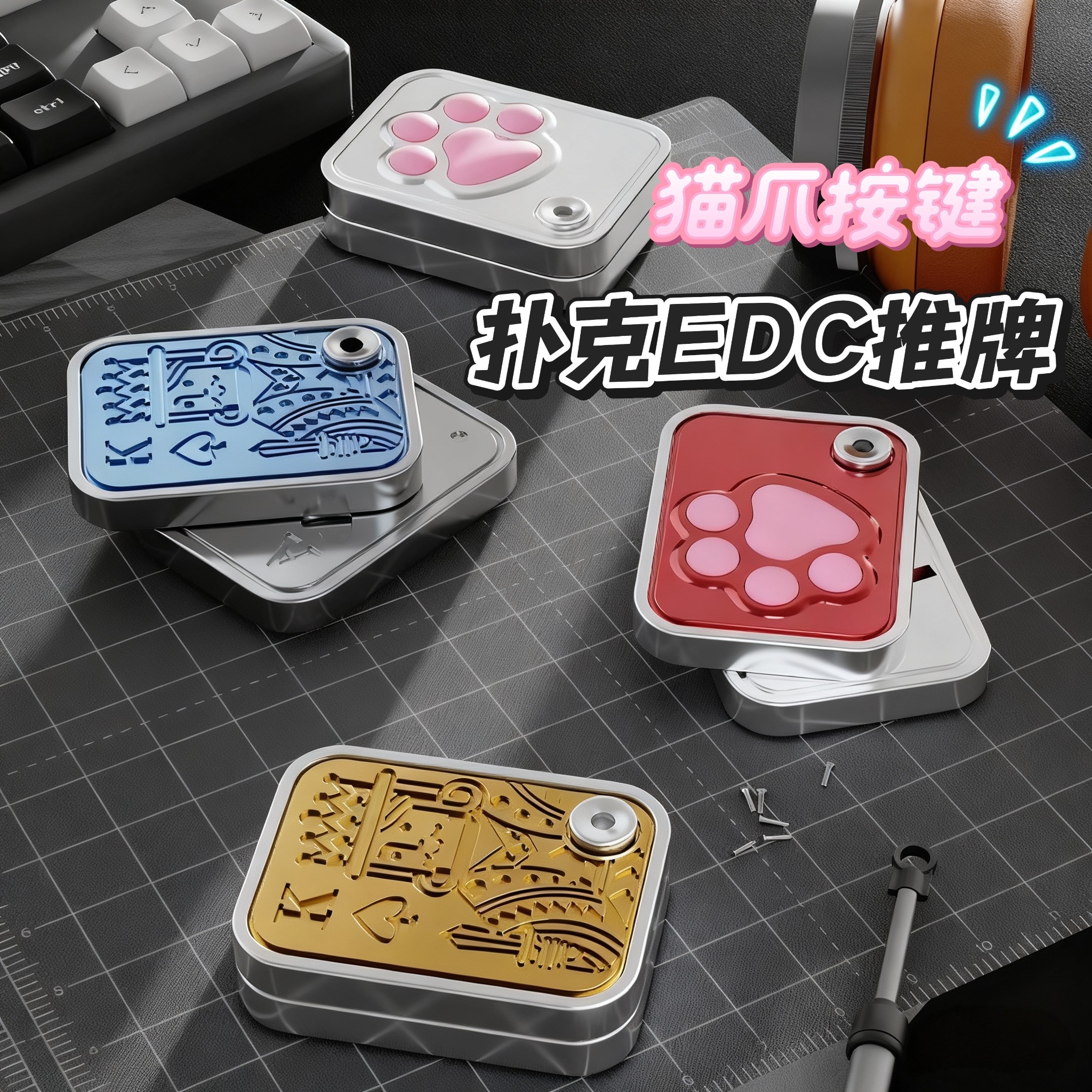 扑克推牌猫爪按键无限位EDC解压玩具啪啪币指尖陀螺ADHD塑料挂件