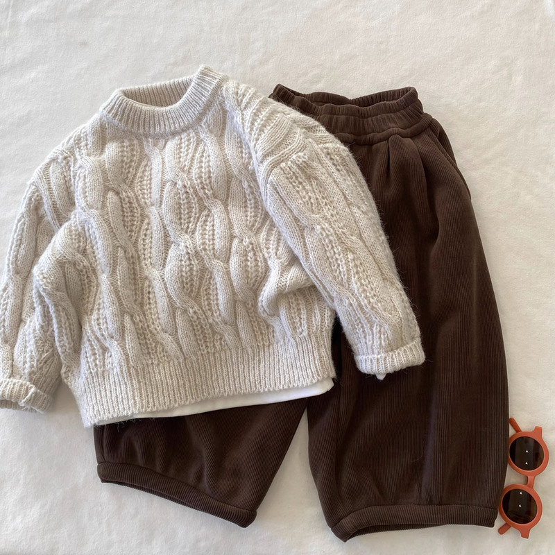 Children's Retro Cable Knit Sweater, New Spring, Autumn, and Winter Style, Unisex Baby Crew Neck Pullover Knit Top