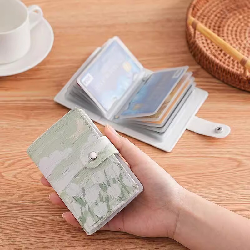 Oil Painting Style Cartoon Card Holder for Women, Ultra-Thin, Multiple Card Slots, Large Capacity, Anti-Degaussing Card Holder, Id Holder, Integrated Coin Purse