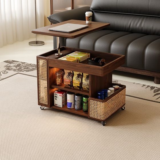 
Living room household lifting side solid wood mobile coffee table with wheels push cart bus side several small apartment sofa side cabinet